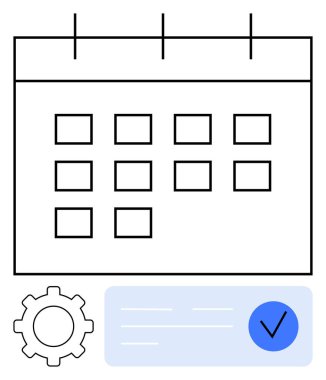 Takvim ızgarası, kontrol işareti ve planlanmış olayları, görev tamamlamayı ve üretkenlik araçlarını öneren dişli simgesi. Planlama, zaman yönetimi, düzenleme görevleri, verimlilik uygulamaları iş akışı için ideal
