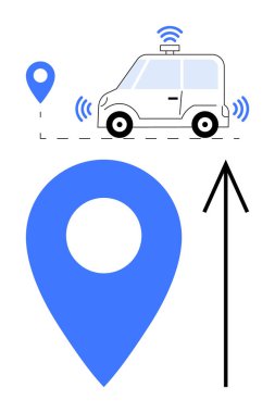 Kablosuz sinyalleri olan otonom bir araba büyük mavi bir konum iğnesine ve öne bakan bir oka doğru hareket eder. Navigasyon, ulaşım, teknoloji, akıllı şehirler, otomotiv endüstrileri, haritalar için ideal