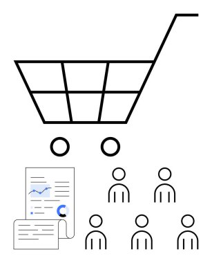 Alışveriş arabası veri tabloları, beş kullanıcı simgesi. Çevrimiçi alışveriş, müşteri davranışları analizi, piyasa araştırması, e-ticaret büyümesi, veriye dayalı kararlar, iş pazarlaması, satış trendleri için ideal. Çizgi