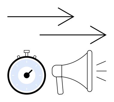 Kronometre megafon ve oklar. Üretkenlik, aciliyet, iletişim, iş stratejisi, motivasyon, hedef başarı, pazarlama hattı metaforu için ideal
