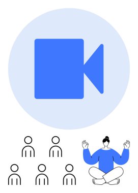 Video kamera ikonu, bir grup insan ve meditasyon figürü. Video konferansı, uzaktan çalışma, çevrimiçi eğitim, sanal toplantılar, topluluk oluşturma, dijital sağlık, farkındalık uygulamaları için ideal