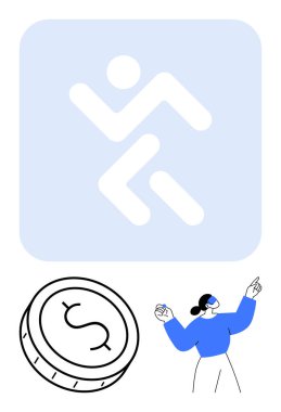 Yükseltilmiş el işaretli kişi, büyük para sembolü, bir kare içinde soyut figür. Finans, liderlik, motivasyon, yatırım, iş geliştirme takımı yönetim eğitimi için ideal. Çizgi