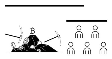 Bitcoins being mined with pickaxes from rocks and six stick figures representing people. Ideal for blockchain, cryptocurrency, technology, finance, teamwork, community, investment. Line metaphor clipart