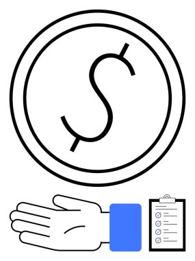 Dolar sembolü olan madeni paranın altına uzanan bir el, kontrol listesinin yanında. Finans, bütçe, tasarruf, yatırım, mali okur yazarlık, kişisel finans eğitimi ve planlama konuları için ideal