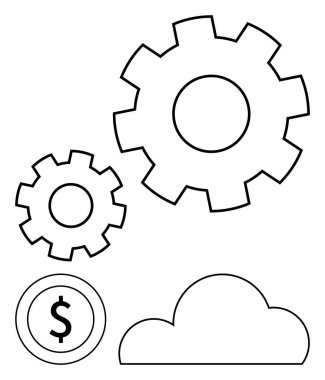 İki büyük vites, bir bulut ve çizilmiş minimalist tarzda bir dolar işareti. Teknoloji, endüstri, finans, yenilik, iş dijital entegrasyonu ve ekonomik büyüme görselleri için idealdir. Çizgi