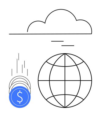 Yukarıda bulut simgesi, dolar işaretli madeni paralar ve dünya çizgisi. Fintech, küresel ekonomi, dijital işlemler, bulut hesaplama, online bankacılık uluslararası ticaret e-ticaret için idealdir. Çizgi