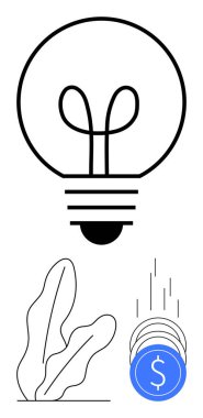 Bitkinin üstünde ampul ve düşen paralar. Yenilik, finansal büyüme, sürdürülebilirlik, girişimler, iş fikirleri, yatırım ve çevre dostu çözümler için idealdir. Satır metaforu