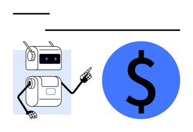 Robot büyük mavi dolar işareti siyah çizgileri gösteriyor, minimalist tasarım. Finans, teknoloji, otomasyon, yatırım, dijital para birimi, yenilik, maliyet verimliliği için ideal. Satır metaforu
