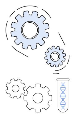 Dişliler, DNA çift sarmallı bir test tüpünün yanında kenetlenir. Biyoteknoloji, genetik araştırma, yenilik, bilim iletişimi, mühendislik, eğitim, sağlık hizmetleri için idealdir. Satır metaforu