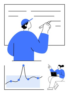 Güvertede oturan kişi dizüstü bilgisayarın grafiğini çiziyor. Eğitim, takım çalışması, teknoloji, planlama, araştırma, veri analizi ve işbirliği için ideal. Satır metaforu