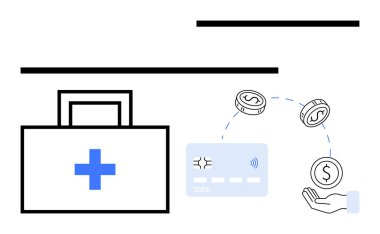Tıbbi ödemeleri içeren dijital işlemler, içinde tıbbi haç, kredi kartı ve el parası olan bir evrak çantası. Sağlık, finans, sigorta, e-ticaret için ideal