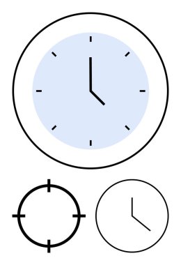 Yuvarlak saat dizaynı, minimalist kadranlar ve eller, iki farklı işaret, bir sade. Zaman yönetimi, programlar, verimlilik, dakiklik, basitlik, çağdaş tasarım için ideal