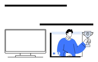 Bilgisayar ekranında video görüşmesi sırasında elinde kupa tutan adam. Sanal kutlamalar için ideal, uzaktan başarı, dijital ödüller, çevrimiçi etkinlikler, sanal toplantılar, takım çalışması tanıma, başarı