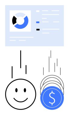 Mavi ve siyah segmentli veri analiz çizelgesi, gülen surat ve madeni kazancı gösteren dolar işaretli bozuk paralar. Finans, iş büyümesi, veri analizi ve yatırım başarısı için ideal