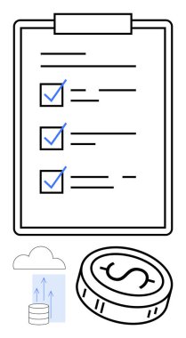 Panoda üç kutucuk işaretli kontrol listesi, veri yükleme ve dolar işaretli para. Proje yönetimi, veri depolama, mali planlama, organizasyon, üretkenlik, görev için ideal