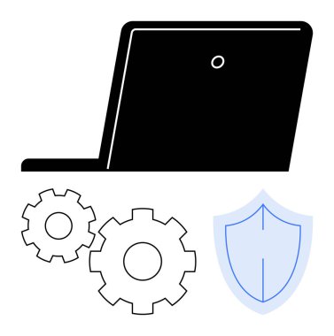 Temalı dizüstü bilgisayar ve kalkan, cihaz güvenliği, verimliliği ve güvenliği onaylıyor. IT yönetimi, siber güvenlik, yazılım güncellemeleri, teknik destek, güvenli tarama, sistem için ideal