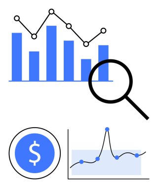 Çubuk ve çizgi grafikleri cam dolar sembolünü büyütmek veri analizini temsil ediyor. Finansal içgörü eğilimleri, araştırma, optimizasyon, strateji, büyüme. İş, ekonomi ve finans için ideal. Çizgi
