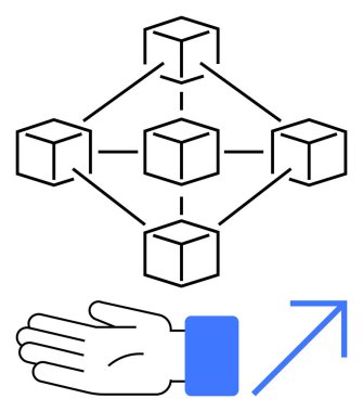 Birbirine bağlı küplerin oluşturduğu bir ağ, yukarı doğru giden bir oku işaret eden el hareketinin üzerinde, blok zinciri yapısını temsil ediyor. Teknoloji, finans, ademi merkeziyet, büyüme, yenilik ve bağlantı için ideal