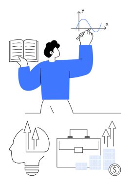 Açık bir kitap tutarken çizim yapan kişi. Yukarı ok, evrak çantası, yükselen çizelge ve bozuk paralarla dolu kafa simgeleri. Eğitim, iş, analitik, finans stratejisi yeniliği için ideal