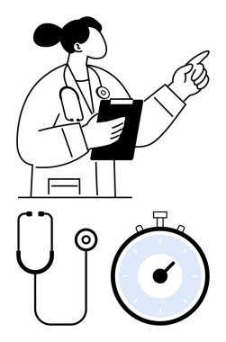 Steteskop ve pano gösteren doktor, kronometre aciliyet ve verimliliğin altını çiziyor. Tıbbi dakiklik için ideal, sağlık uzmanları, zaman farkındalığı, hasta bakımı, teşhis