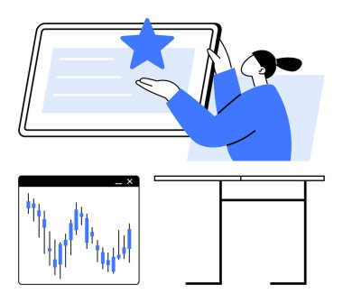 Mavi gömlekli kişi büyük dijital ekranda yıldızı işaret ediyor. Değişen fiyatlarla birlikte hisse senedi tablosu. Minimalist masa. İş sunumları, hedef belirleme, hisse analizi ve eğitim için ideal