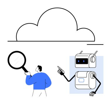 Büyüteç kullanan bir insan ve bulut veri sembolünü inceleyen bir robot. Veri analizi, bulut hesaplama, yapay zeka, teknoloji, yenilik, dijital dönüşüm, bilgi için ideal