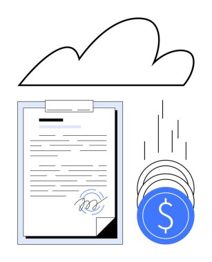 Panodaki dijital sözleşme, düşen paralarla bulutların altında imzalandı. E-imzalar, bulut depolama, dijital işlemler, fintech çözümleri, çevrimiçi ödemeler, sözleşmeler, iş için ideal. Çizgi