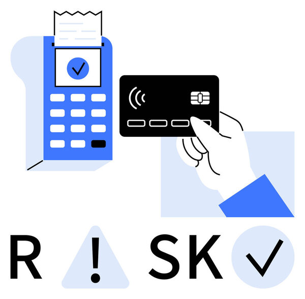 Hand holding a credit card near a payment terminal, receipt with checkmark icon, RISK text with caution symbol and checkmark. Ideal for financial, security, shopping, digital payments, e-commerce