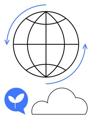 Mavi yuvarlak okları olan bir dünya mavi sohbet baloncuğunda yeşil bir yaprak ve bulut çizgisi. Sürdürülebilirlik, çevre koruma, çevre dostu girişimler, yenilenebilir enerji, küresel