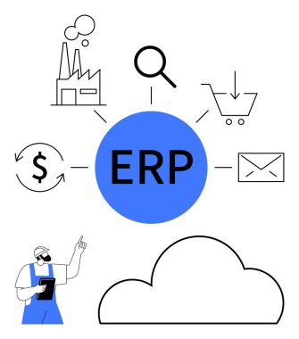 ERP merkezi, bağlı ikon fabrikası, alışveriş arabası, e-posta, bulut, dolar, büyüteç ve tabletli adam. İş yönetimi, tedarik zinciri lojistik ekommerce finans bilişim için ideal