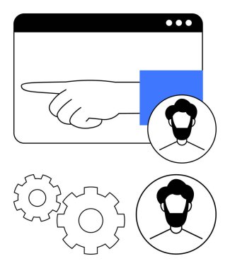 Hand pointing on web, v09page, user profiles in circles, two gears. Ideal for user interface, settings, profile management, teamwork, system settings functionality demonstration digital navigation clipart