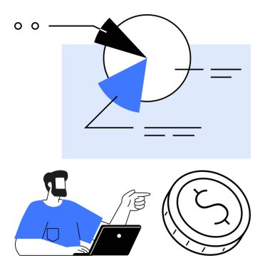 Bilgisayarda para sembolüyle finansal verileri analiz eden adam, pasta grafiğini işaret ediyor. Finans, veri analizi, iş büyümesi, sunumlar, ekonomik raporlar, dijital pazarlama, finans için ideal