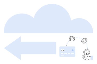 Büyük bulut simgesi, sola doğru ok, küçük kredi kartı illüstrasyonu ve açık bir ele akan paralar. E-ticaret, bulut depolama, çevrimiçi işlemler, fintech, dijital ödemeler için ideal