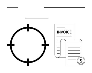 Dolar sembollü fatura belgelerinin yanındaki hedef çember. Finans, iş stratejisi, ödeme işlemleri, hedef belirleme, finansal planlama, gider takibi, fatura. Satır metaforu