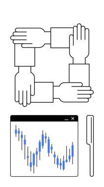 Dört el, takım çalışmasını sembolize eden bir kare oluşturuyor. Kalemle bir ekranda şamdan şeması. Finans, işbirliği, veri analizi, takım çalışması, engelleme zinciri, iş stratejisi, proje için ideal