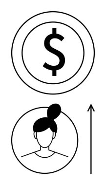 Yukarısı yukarı doğru ok olan bir insanın üstünde dolar işareti. Temalar için ideal kariyer büyümesi, mali başarı, profesyonel kalkınma, motivasyon, hırs, ekonomik ilerleme, kişisel ilerleme