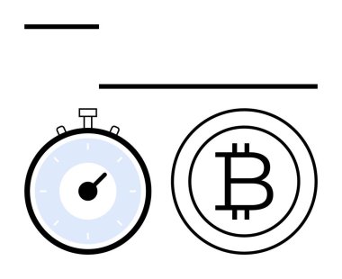 Beyaz tuşlu Bitcoin sembollü kronometre dairesel yatay çizgiler içinde. Finans, kripto para birimi, zaman yönetimi, hız, dijital işlemler, teknoloji, yatırım için ideal. Satır metaforu
