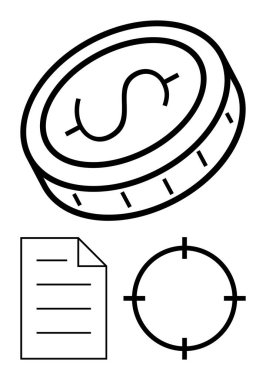 Dolar işaretli sikke, çizgili belge ve finansal hedefleri, stratejiyi ve planlamayı temsil eden hedef sembol. Finans, iş, yatırım bütçesi belirleme stratejisi için ideal. Çizgi