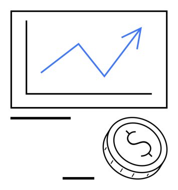 Beyaz tahtada yükselen mavi çizgili bir grafik, dolar işaretli bir para. Ekonomi, finans, yatırım, iş büyümesi, piyasa analizi, hisse senedi bütçeleri için idealdir. Satır metaforu