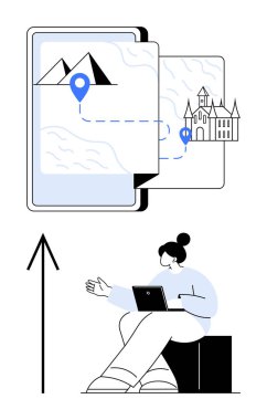 Seyahat güzergahını planlamak için dizüstü bilgisayar kullanan bir kadın. Dijital harita, konum işaretleriyle dağları ve kaleyi gösteriyor. Seyahat planlama, macera, navigasyon, keşif, teknoloji ve uzak çalışma için ideal