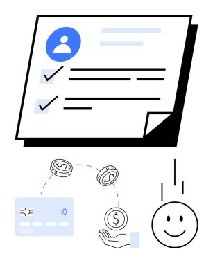 Onaylama için kontrol işaretleri, kredi kartı, el kabul parası, gülen surat olan kullanıcı profili. Kimlik doğrulama, çevrimiçi işlemler, fintech uygulamaları, güvenlik süreçleri, finansal işlemler için ideal