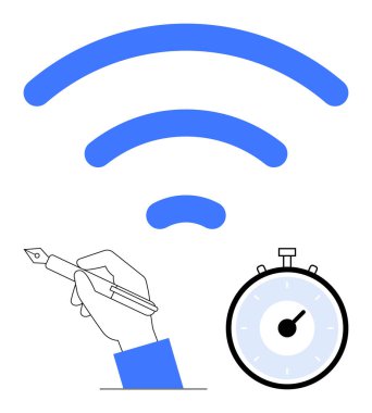 Kablosuz sembollü el kalem kronometreyi tutuyor. Teknoloji, iletişim, verimlilik, zaman yönetimi, dijital öğrenme, iş verimliliği, uzaktan çalışma için ideal. Satır metaforu