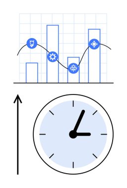 Mevsimlik simgelerle yukarı doğru ok ve saat çizelgesi. Veri analizi, iş büyümesi, zaman yönetimi, mevsimsel eğilimler, performans değerlendirmesi, verimlilik, verimlilik için ideal. Satır metaforu