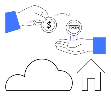 Bulut ve ev simgeleri eşliğinde el değiştirilmiş dijital para birimi simgesi. Finans, kripto para birimi, dijital ticaret, gayrimenkul, çevrimiçi ödeme, teknoloji bulut hizmetleri için ideal. Çizgi