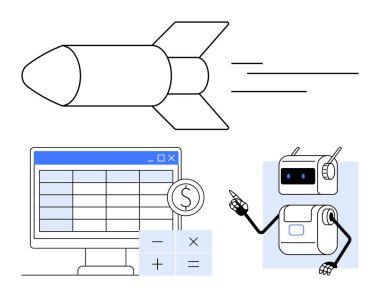 Dolar madeni para ikonu, hesap makinesi teknoloji entegrasyonu, otomasyon, finans, yenilik, hız ve verimlilik içeren roket fütüristik robot ekran masası. Teknoloji, otomasyon ve finans için ideal