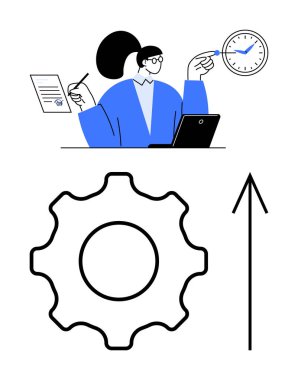 Dizüstü bilgisayar, belge, kalem ve saatle birden fazla iş yapan bir kadın. Aşağıdaki dişli ve yukarı ok. Üretkenlik, zaman yönetimi, iş büyümesi, verimlilik iş akışı iyileştirme hedef belirleme için idealdir. Çizgi