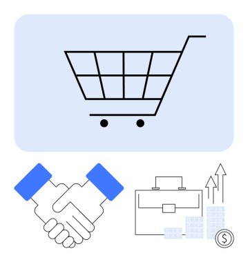 Alışveriş arabası, el sıkışma, yükselen oklar ve bozuk paralarla dolu evrak çantası, dolar işaretli bar grafikleri. İş, e-ticaret, ortaklık, finans piyasası büyüme yatırımları satışları için idealdir. Çizgi