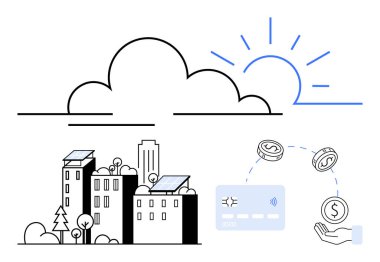 Güneş panelleriyle donatılmış binalar, parlayan güneşli temiz bir gökyüzü ve dijital ödeme işlemleri. Fintech, sürdürülebilirlik, yenilenebilir enerji, dijital altyapı, akıllı şehirler için ideal