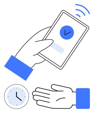 İşaretli akıllı telefon, saat ve erişimi gösteren jest. Zaman yönetimi, programlama, hatırlatıcılar, verimlilik, teknoloji kolaylığı için idealdir. Satır metaforu