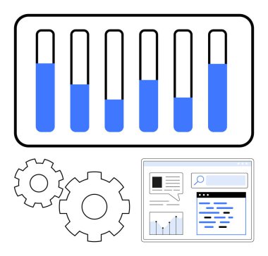 Mavi çubuklu bar çizelgesi, iki vites, ve arama çubuğu ve grafiğiyle arayüz. İş stratejisi, veri analizi, ilerleme takibi, piyasa araştırması, teknoloji mühendisliği için ideal. Satır metaforu